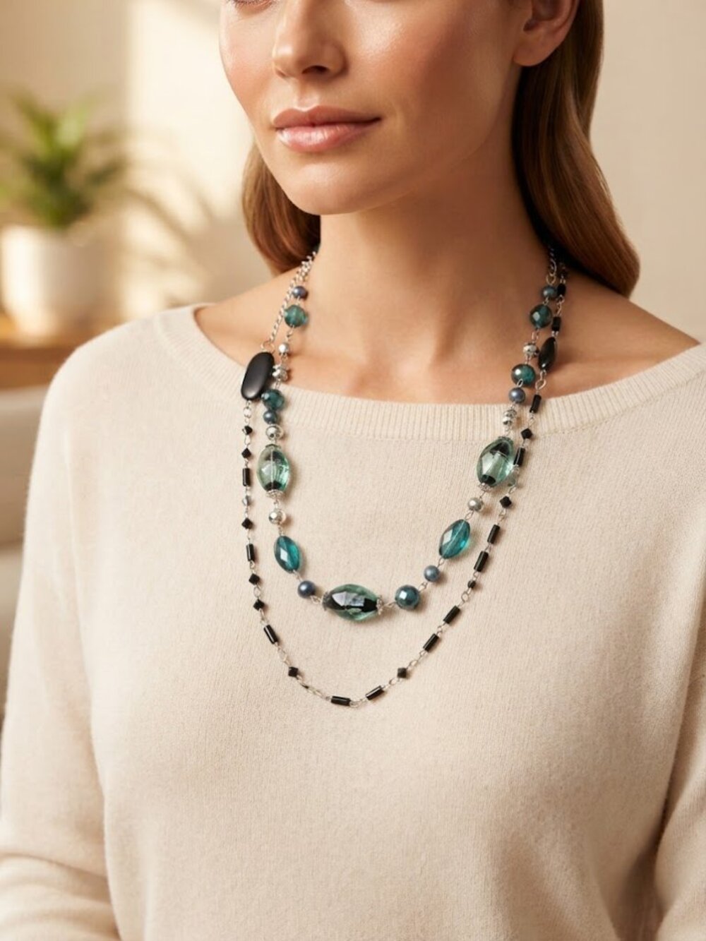 Green Black & Silvertone Fashion 2 Layer Necklace - Size 25 & 28 inches long NEW